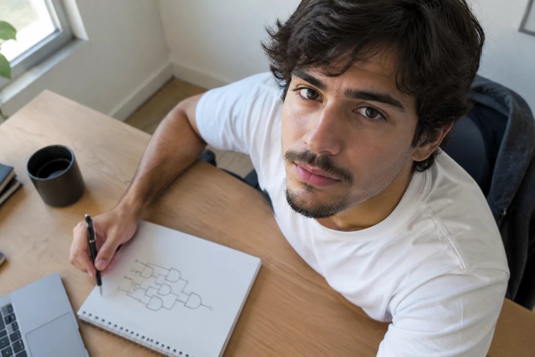 Duas pessoas relendo anotações num tablet apoiado na mesa
